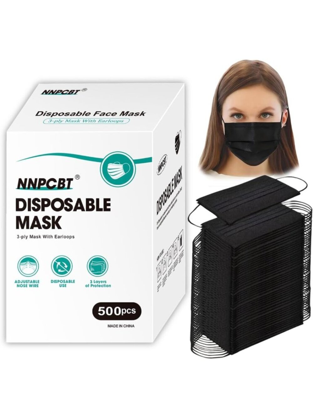 500PCS Black Disposable 3-Ply Face Masks with Filter - Safety & Comfort
